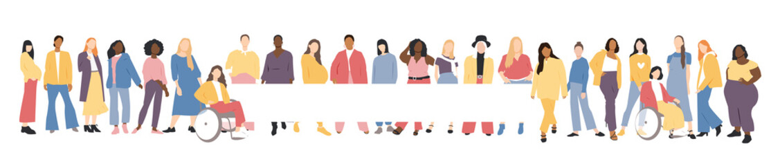Fototapeta premium Women of different ethnicities stand side by side together. Flat vector illustration. Banner with place for text.