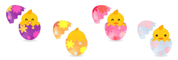 Illustration set of cute chicks born from eggs