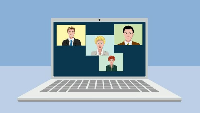 Video conference concept. Telemeeting. Videophone. Teleconference. Coronavirus emergency video team working. Cartoon, animated illustration