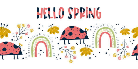 Seamless border with ladybug, rainbow and flower, pink background. Scandinvian Spring design. Insect ladybird with flowers and branches simple summer seamless printFlat Vector illustration.