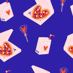 Valentine's Day pizza heart seamless pattern. Romantic dinner.  - 482318317