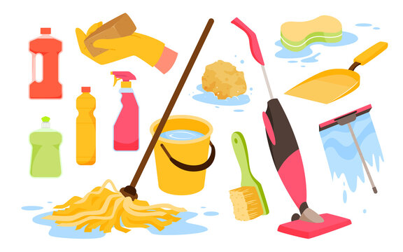 Cleaning equipment and tools to clean household set vector illustration. Cartoon chemical antiseptic detergent bottles with spray and sponge, rubber gloves for hand, plastic bucket isolated on white
