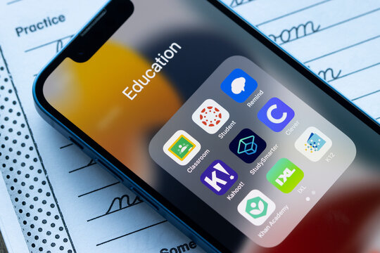 Portland, OR, USA - Jan 23, 2022: Assorted educational apps are seen on an iPhone, including Google Classroom, Canvas Student, Remind, Kahoot, StudySmarter, Clever, Khan Academy, IXL, and K12.