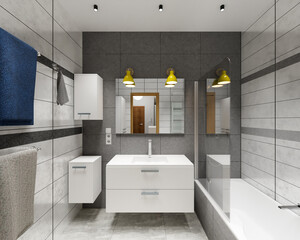 Interior of a compact bathroom in a block building, made in gray tones - 3d rendering