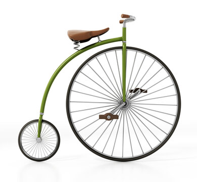Retro bicycle or penny farthing isolated on white background. 3D illustration