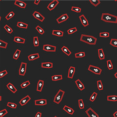 Line Coffin with christian cross icon isolated seamless pattern on black background. Happy Halloween party. Vector