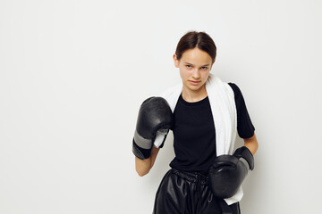 beautiful girl with towel boxing black gloves posing sports Lifestyle unaltered