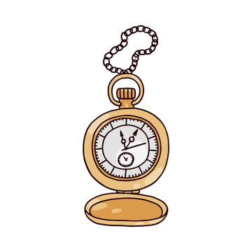 Vintage pocket watch with chain hand drawn colored vector illustration isolated.