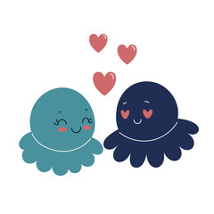 Loving couple of cute octopuses. Underwater animals, marine fauna. Vector illustration for valentine's day