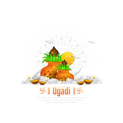 Happy Ugadi Greeting Card Background With Kalash.