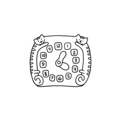 Cute childish clock with cats in doodle style, vector illustration isolated on white background.