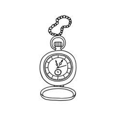 Pocket watch with chain and cover hand drawn doodle vector illustration isolated.