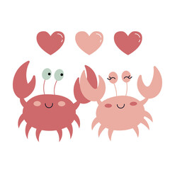 Loving couple of cute sea crabs. Underwater animals, marine fauna. Vector illustration for valentine's day
