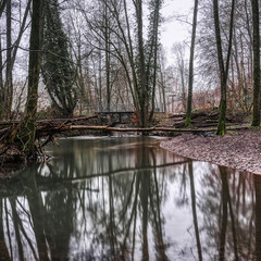 Alte Brücke und Bachlandschaft im Neandertal im Winter