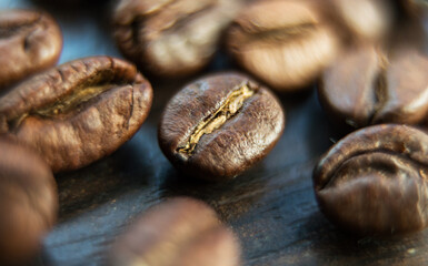 Close-up macro photography of coffee beans.  For coffee shop banners and posters.  Layout for the site and the design of story posts in social networks About coffee.