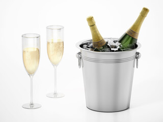 Champagne glasses and bottles inside ice bucket isolated on white background. 3D illustration © Destina