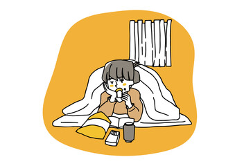 布団に入ったまま１日を過ごす女性　コミカルな手書きの人物　ベクター、線画にシンプルな色つけ　
