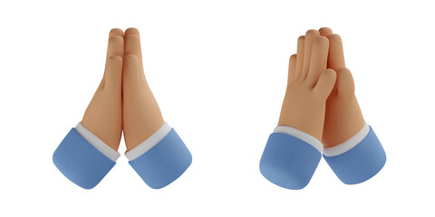 3d hand pray icon. Prayer vector cartoon arm render. Hope gesture. Realistic illustration for social media