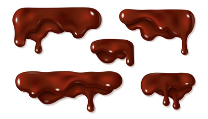 Melted chocolate drip isolated on white background. Realistic vector 3d illustration of brown cream sauce or syrup drop. Dropping liquid cocoa. Horizontal border elements