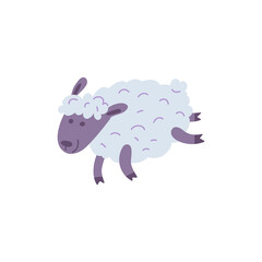 Cute and childish sheep jumps, flat vector illustration isolated on white background.