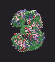 A grass and flower colvered number 3 on which colorful flowers grow. Isolated ecologic number 3 on dark background, 3d Renderding