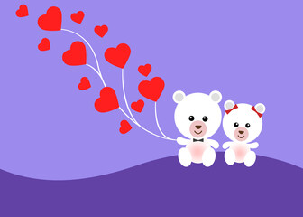 illustration of polar bears with hearts like balloons on a very peri color background, with space for text, for a valentine's day card.  layout for designing story posts of sites.