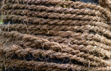 Close up of fiber rope roll, shallow focus