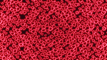 Valentines day and birthday. Background from neon glow effect many hearts on a purple background. 3D rendering