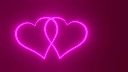 Couple celebrating Valentine's Day concept. Two neon heart shape on purple background. 3D rendering