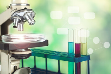 Microscope with laboratory equipment. The concept of scientific developments in the field of biotechnology. Medical analyzes and research.