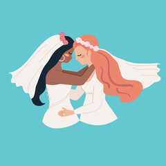 Beautify Happy couple lesbian on LGBT wedding celebration, marriage concept. Flat cartoon vector illustration on blue background.