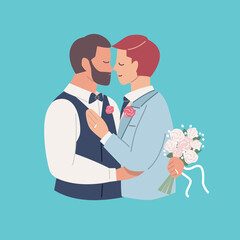 Beautify Happy couple Gay on LGBT wedding celebration, marriage concept. Flat cartoon vector illustration on blue background.