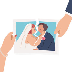Wife and husband hands tear apart wedding photo on white background. Break up and divorce concept. Flat vector cartoon illustration.