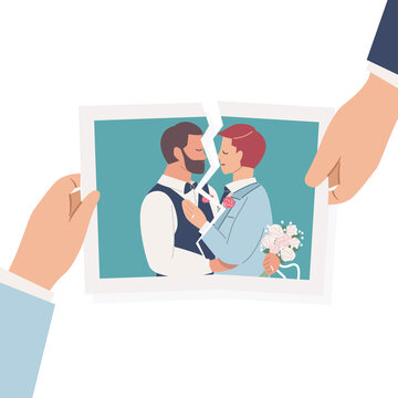 Gay couple hands tear apart wedding photo on white background. LGBT Break up and divorce concept. Flat vector cartoon illustration.