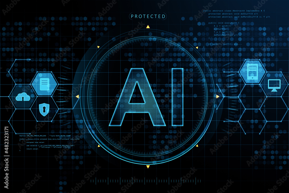 Poster Glowing AI hologram on blurry background. Artificial intelligence, innovation and science concept. 3D Rendering.