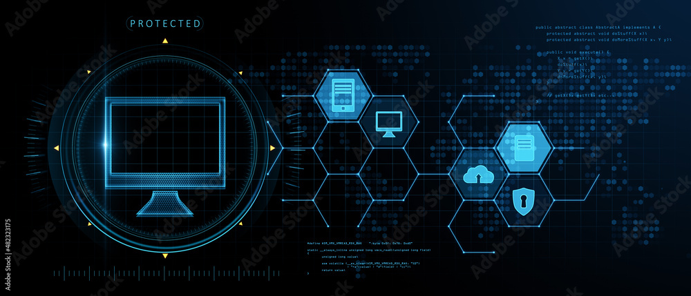 Poster Creative glowing wide computer hologram interface on blurry background. Digital transformation, technology and innovation concept. 3D Rendering.