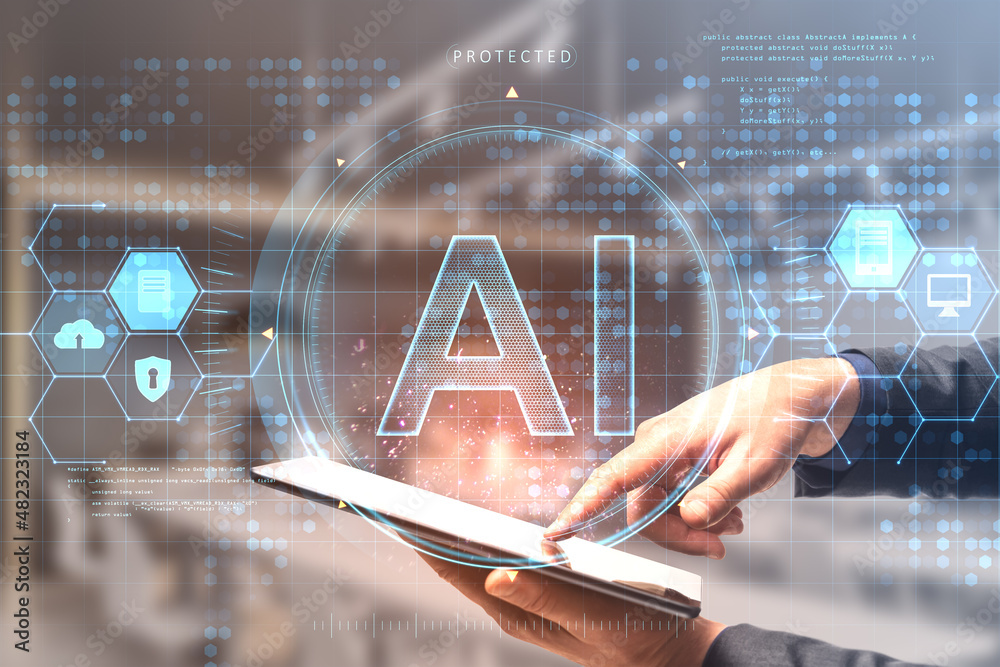 Poster close up of businessman hand pointing at tablet with glowing ai hologram on blurry office background