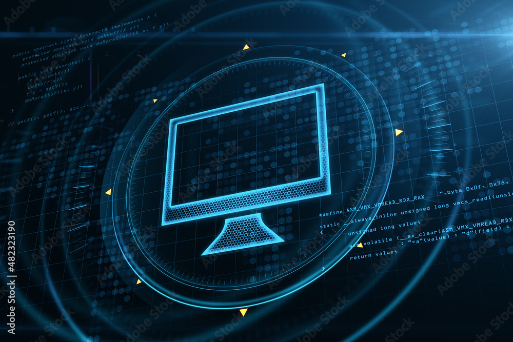 Poster Abstract glowing computer hologram interface on blurry background. Digital transformation, technology and innovation concept. 3D Rendering.