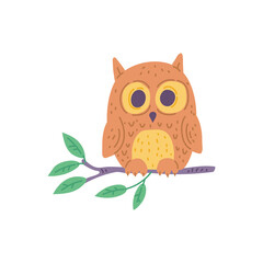 Funny owl sits on tree branch, flat vector illustration isolated on white background.