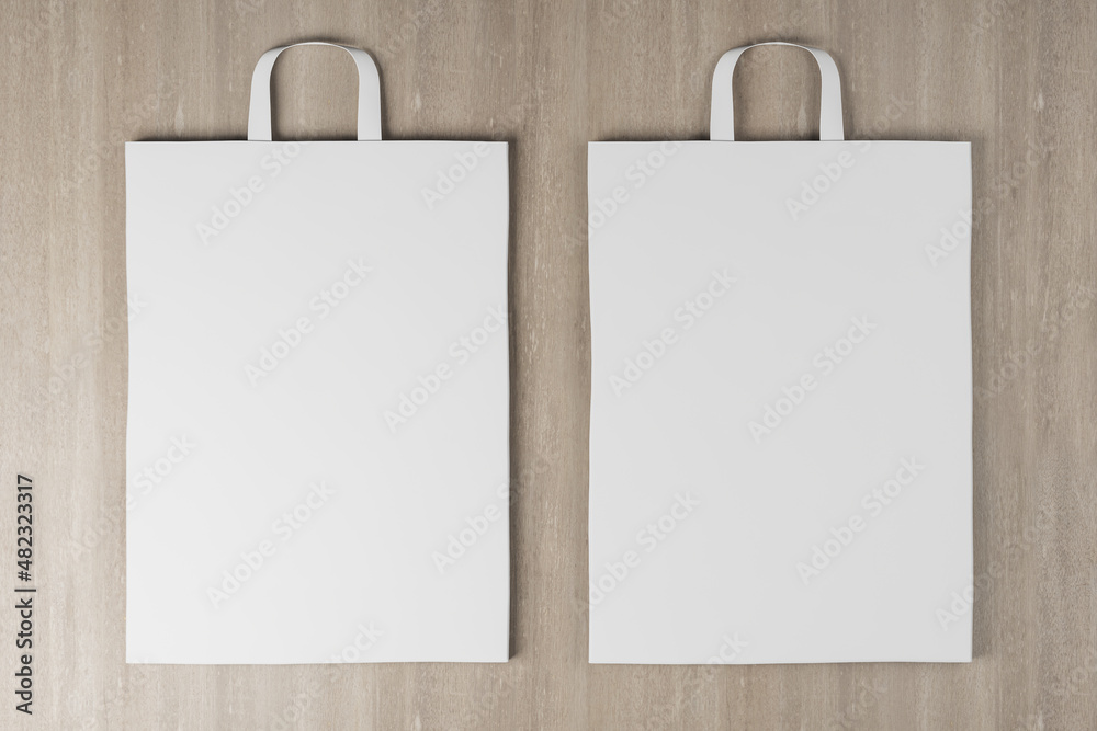 Poster Close up of empty white paper bag on wooden backdrop. Mock up place for your advertisement or logo. 3D Rendering.