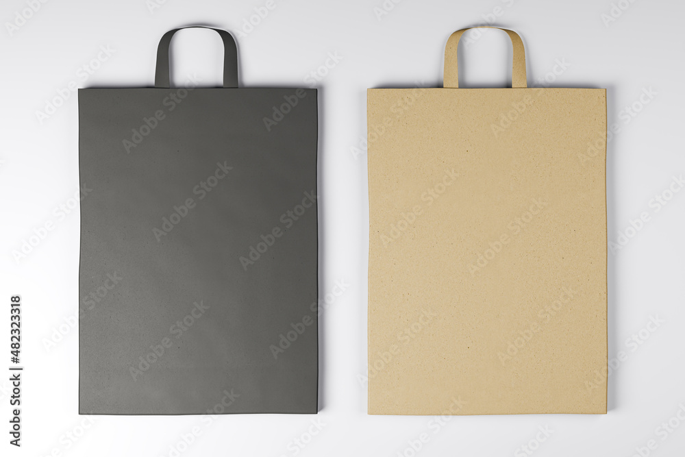 Poster Close up of empty paper bags on white backdrop. Mock up place for your advertisement or logo. 3D Rendering.