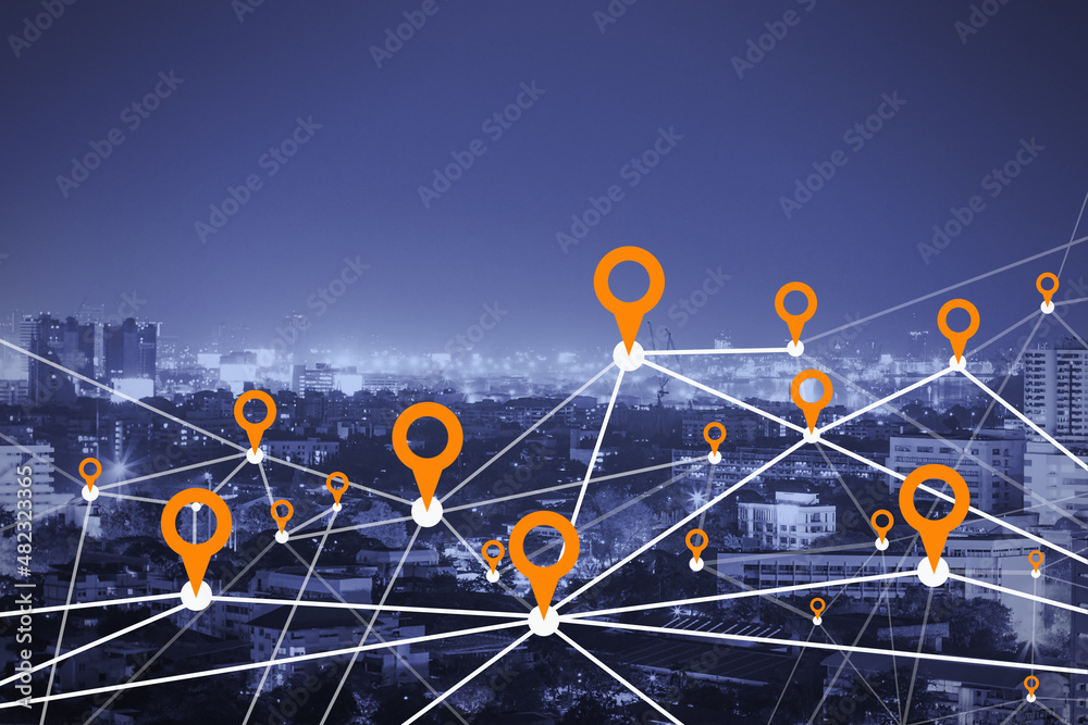 Poster Creative dawn city and sky backdrop with digital map pointer connections and mock up place for your advertisement. Smart city, gps and navigation.