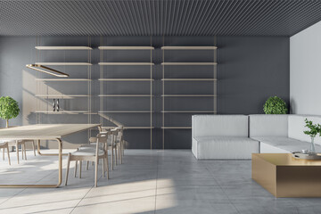 Bright conference room interior with glass partition and daylight. Workplace concept. 3D Rendering.