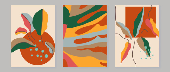 Abstract art leaf background vector. Organic abstract art style wallpaper with leaves and floral pattern, paint splatter watercolor in warm colors design for poster, cover, wall art, packaging design.