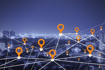 Creative dawn city and sky backdrop with digital map pointer connections and mock up place for your...