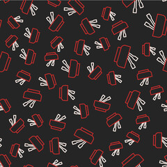 Line Asian noodles in bowl and chopsticks icon isolated seamless pattern on black background. Street fast food. Korean, Japanese, Chinese food. Vector