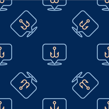 Line Fishing hook icon isolated seamless pattern on blue background. Fishing tackle. Vector