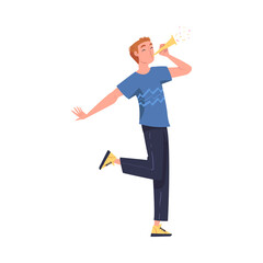 Man Blowing Whistle Celebrating Birthday Holiday Vector Illustration