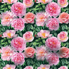 Watercolor Seamless pattern flowers peony, rose. Vintage Floral design 