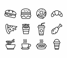 fast food and drink icons set vector line style, editable stroke